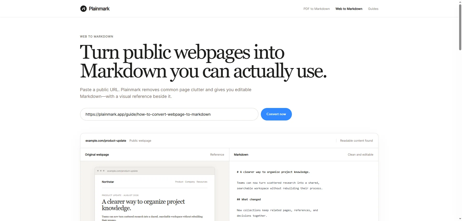Plainmark Web to Markdown with a public Plainmark guide URL ready to convert