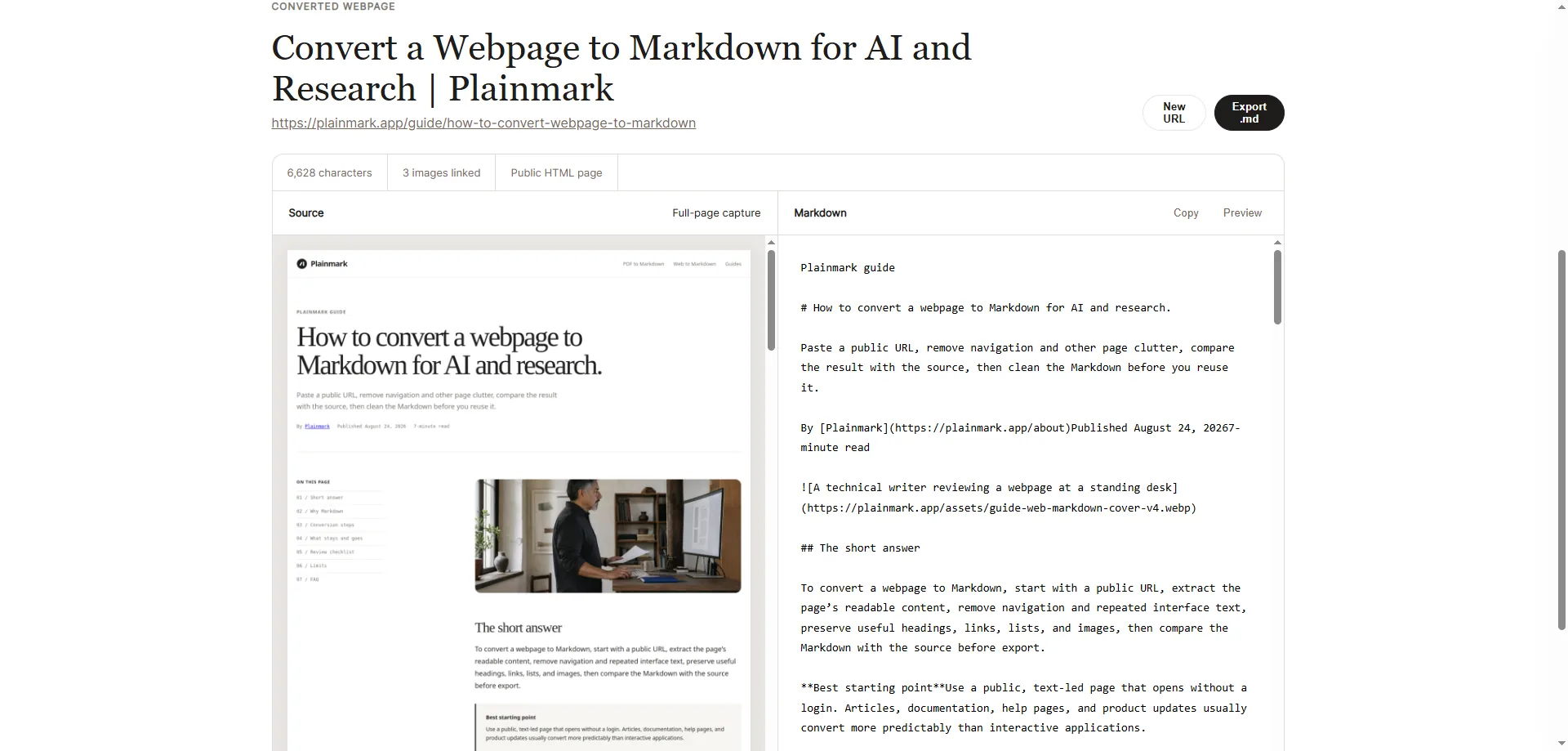 Plainmark showing the original webpage beside its converted Markdown result