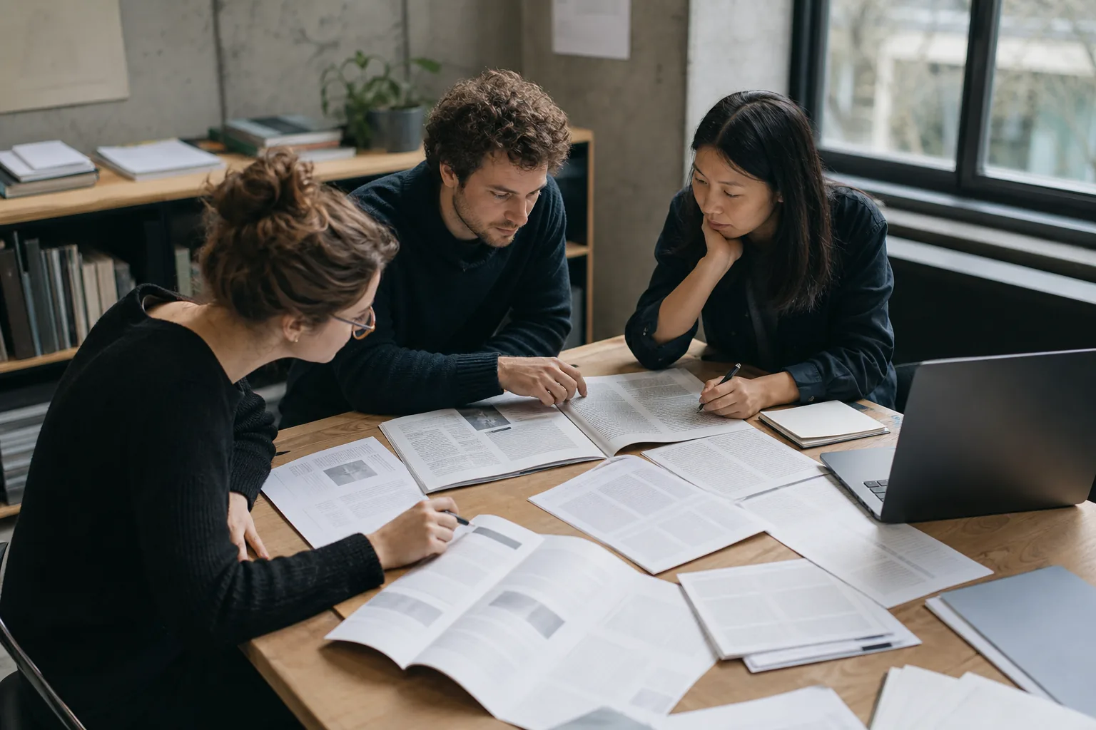 Three researchers reviewing printed multi-column documents around a shared table