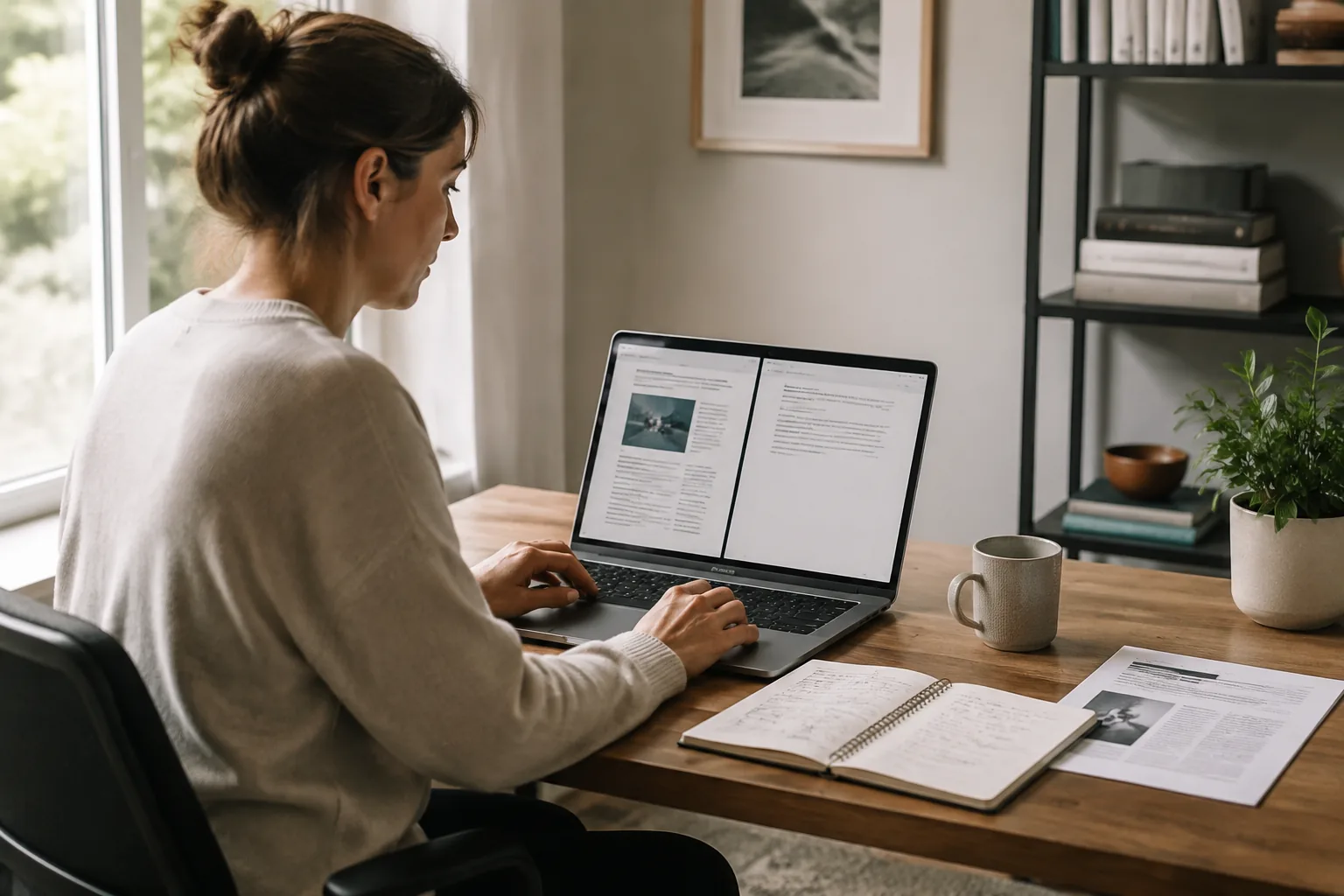 A writer comparing an online article with a clean text document at a home-office desk