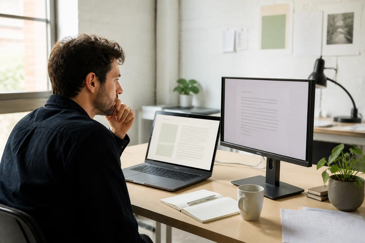 A developer comparing a public webpage with a clean text document on two screens