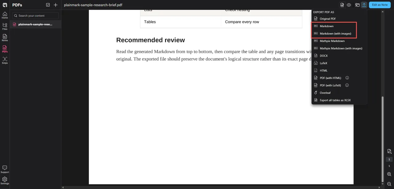 Mathpix export menu showing Markdown and Markdown with images options
