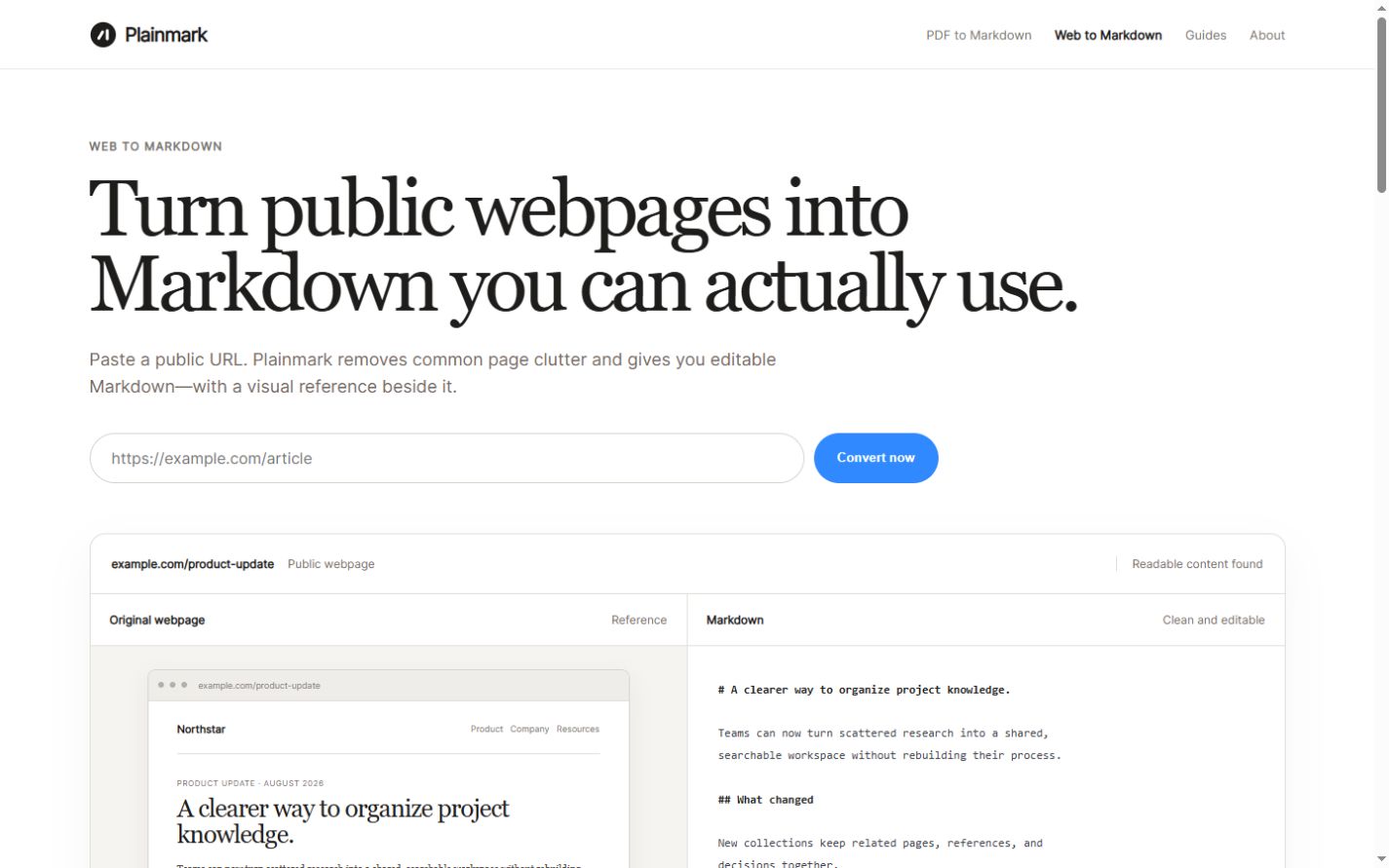 Plainmark Web to Markdown with a public URL field and a side-by-side conversion example