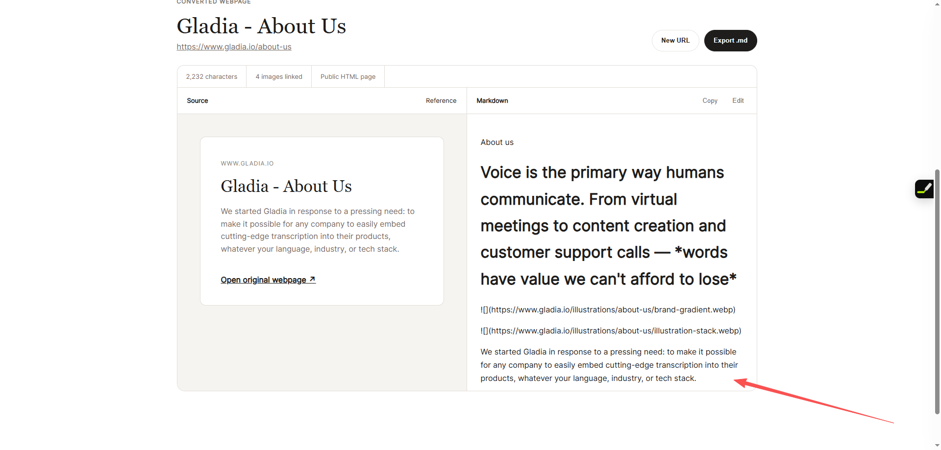 A real Plainmark conversion showing the Gladia webpage reference beside generated Markdown